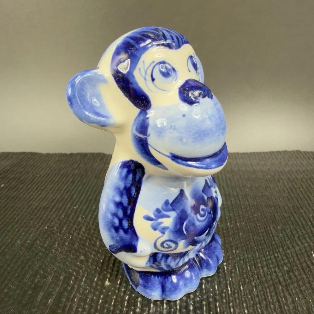 Handmade Gzhel Russian‎ Porcelain Small Monkey Figurine Had Painted Cobalt Blue
